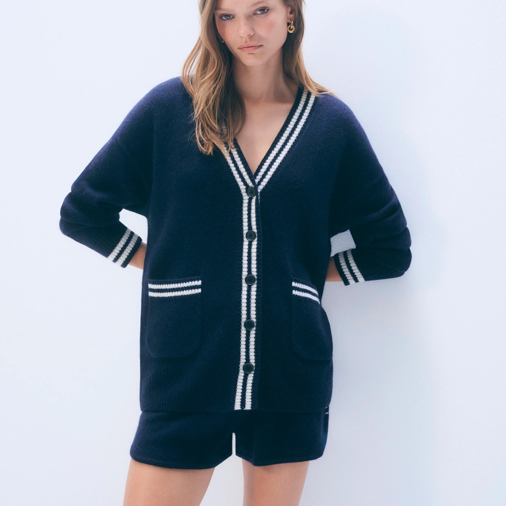 White + Warren Varsity Cardigan with White Stripe Trim 100% Cashmere